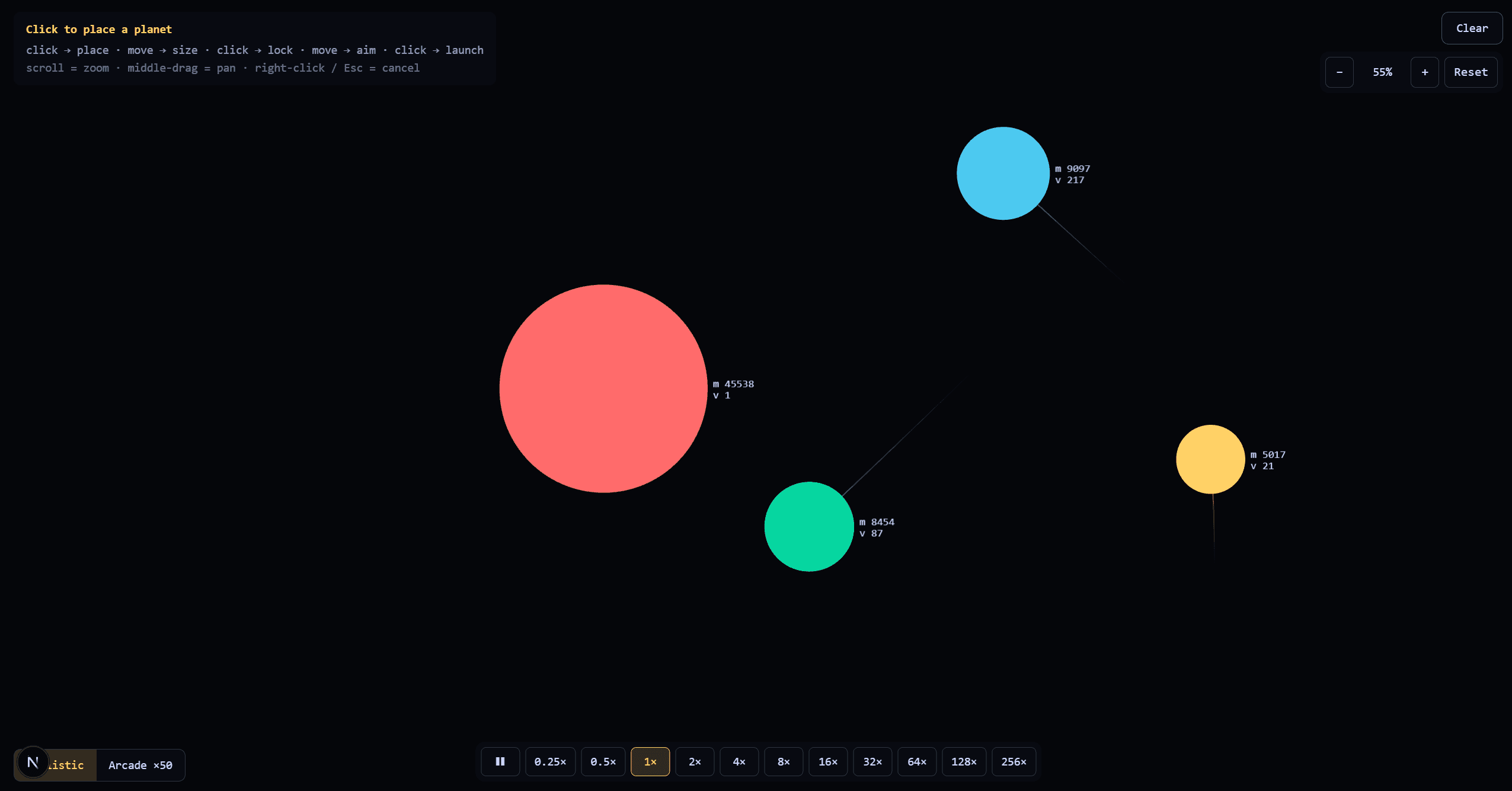 The simulation zoomed in on a system, with the camera controls in use.