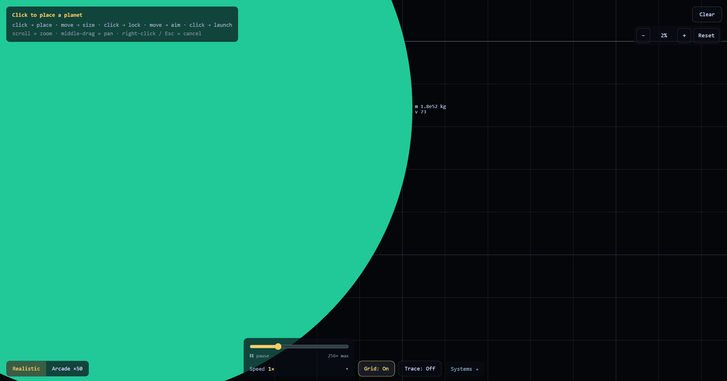 The planet editor with a density control, and a system whose body sizes follow from mass.